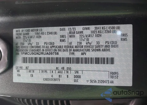 2024 Ford Escape Active from USA, damaged, VIN 1FMCU9GN2RUA09758